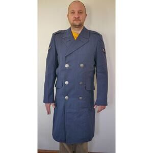 Vintage USAF air Force Military 100% WOOL Blue Serge OVERCOAT 35R w/ Patches